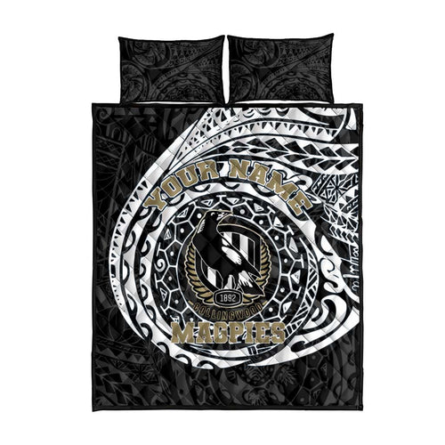 Personalized Collingwood Magpies Polynesian Quilt Bed Set Tribal Chest and Sleeve Tattoo Heritage Warrior