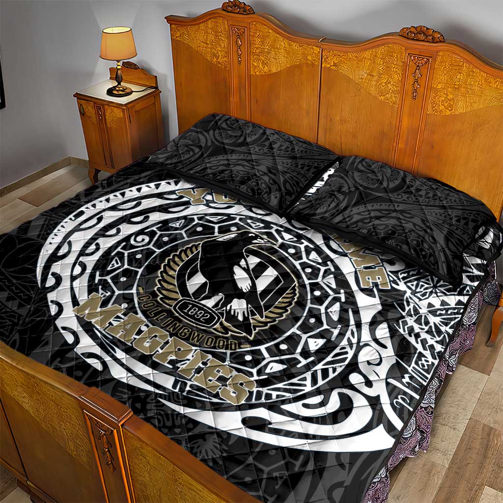 Personalized Collingwood Magpies Polynesian Quilt Bed Set Tribal Chest and Sleeve Tattoo Heritage Warrior