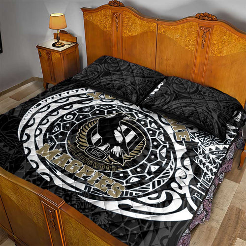 Personalized Collingwood Magpies Polynesian Quilt Bed Set Tribal Chest and Sleeve Tattoo Heritage Warrior