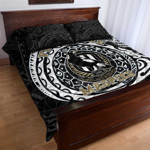 Personalized Collingwood Magpies Polynesian Quilt Bed Set Tribal Chest and Sleeve Tattoo Heritage Warrior