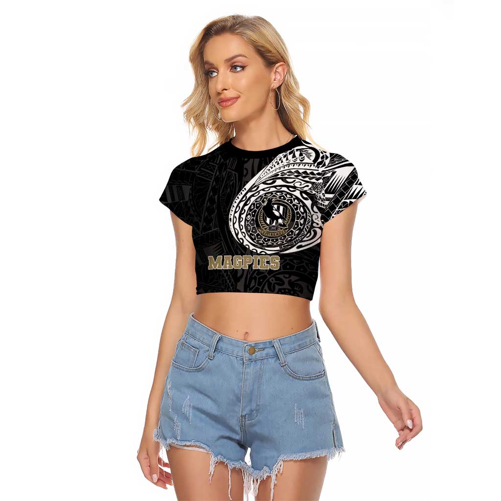 Personalized Collingwood Magpies Polynesian Raglan Cropped T Shirt Tribal Chest and Sleeve Tattoo Heritage Warrior