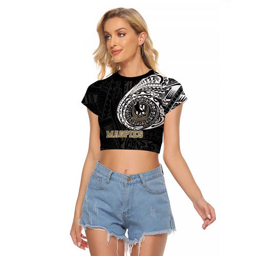 Personalized Collingwood Magpies Polynesian Raglan Cropped T Shirt Tribal Chest and Sleeve Tattoo Heritage Warrior