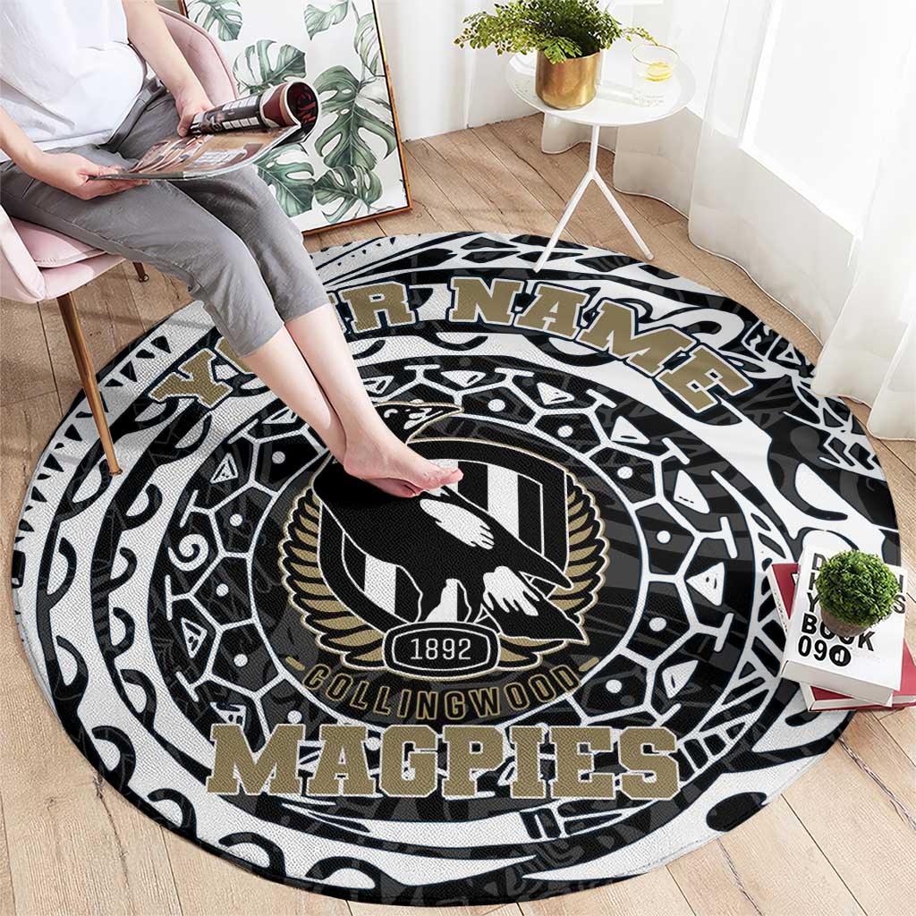 Personalized Collingwood Magpies Polynesian Round Carpet Tribal Chest and Sleeve Tattoo Heritage Warrior