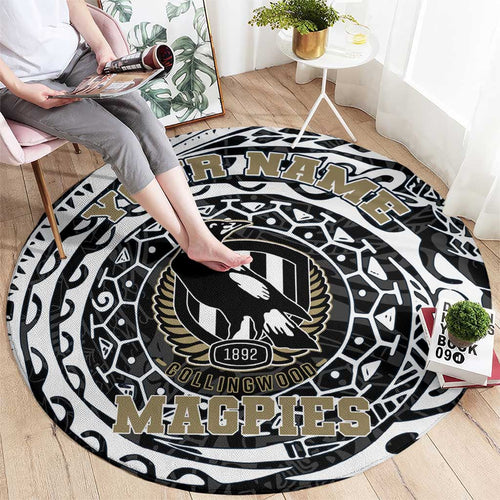 Personalized Collingwood Magpies Polynesian Round Carpet Tribal Chest and Sleeve Tattoo Heritage Warrior