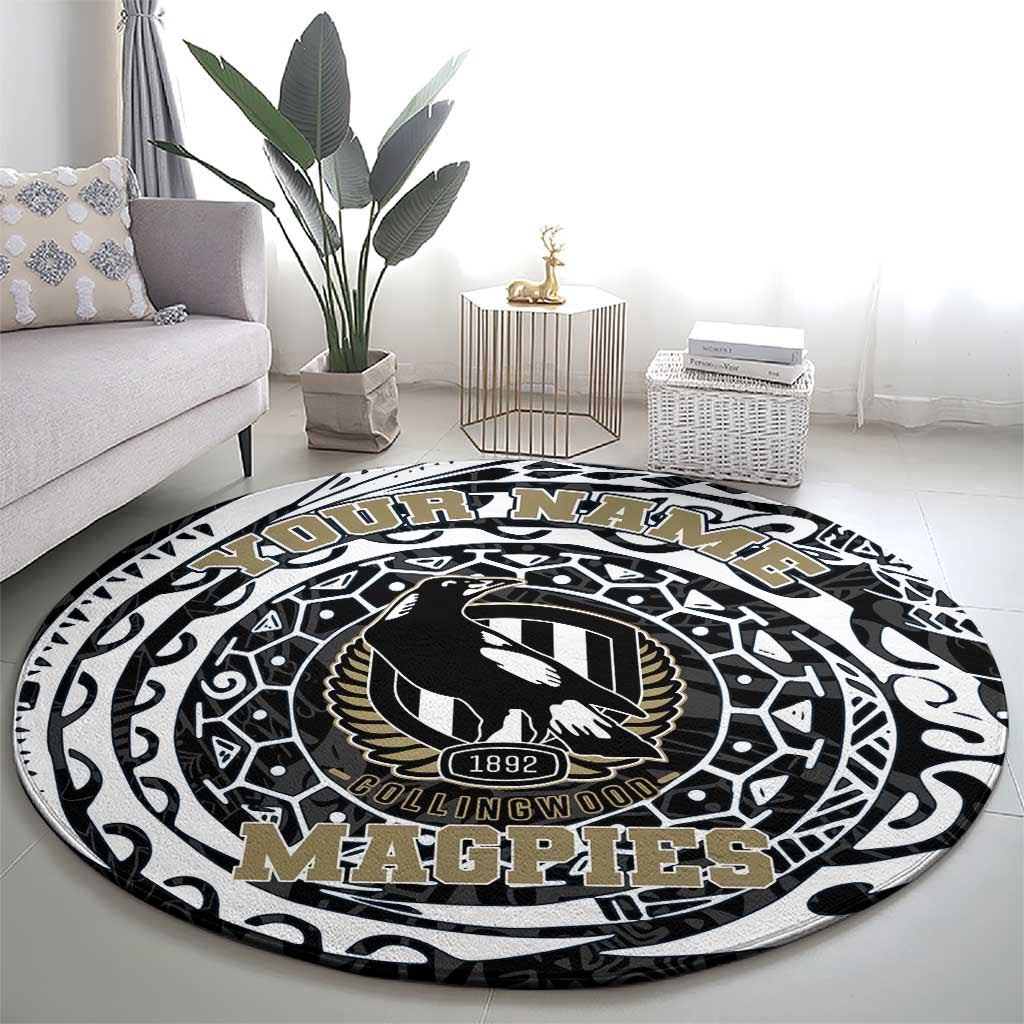 Personalized Collingwood Magpies Polynesian Round Carpet Tribal Chest and Sleeve Tattoo Heritage Warrior