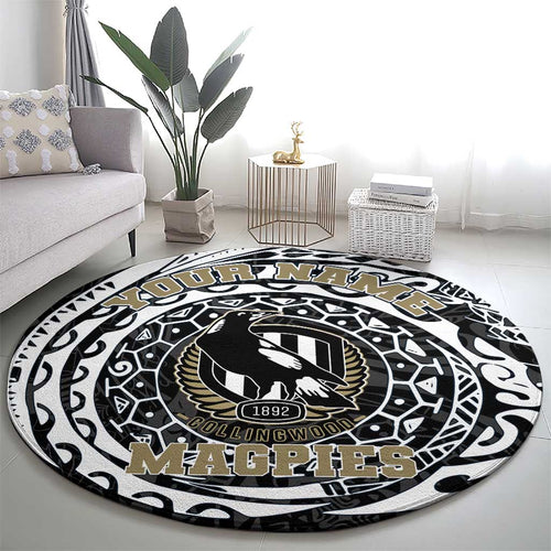 Personalized Collingwood Magpies Polynesian Round Carpet Tribal Chest and Sleeve Tattoo Heritage Warrior
