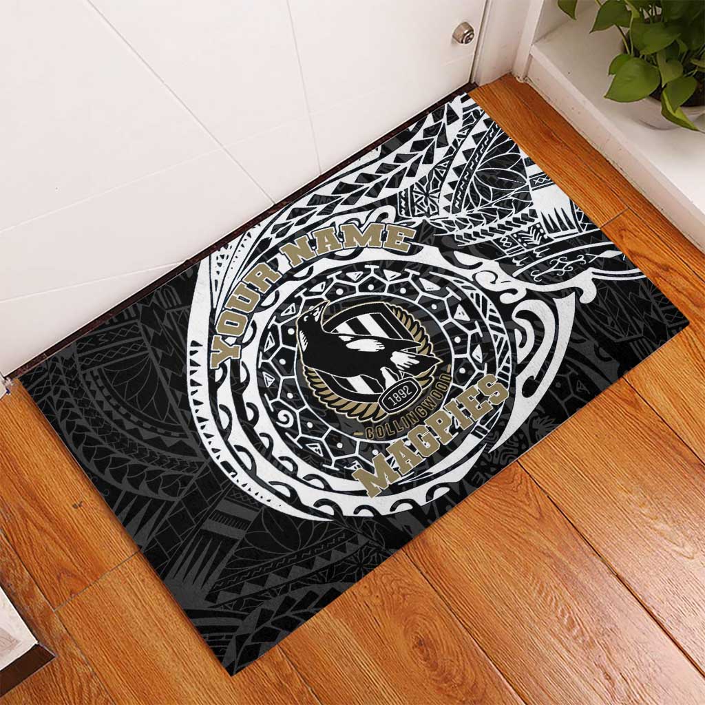 Personalized Collingwood Magpies Polynesian Rubber Doormat Tribal Chest and Sleeve Tattoo Heritage Warrior