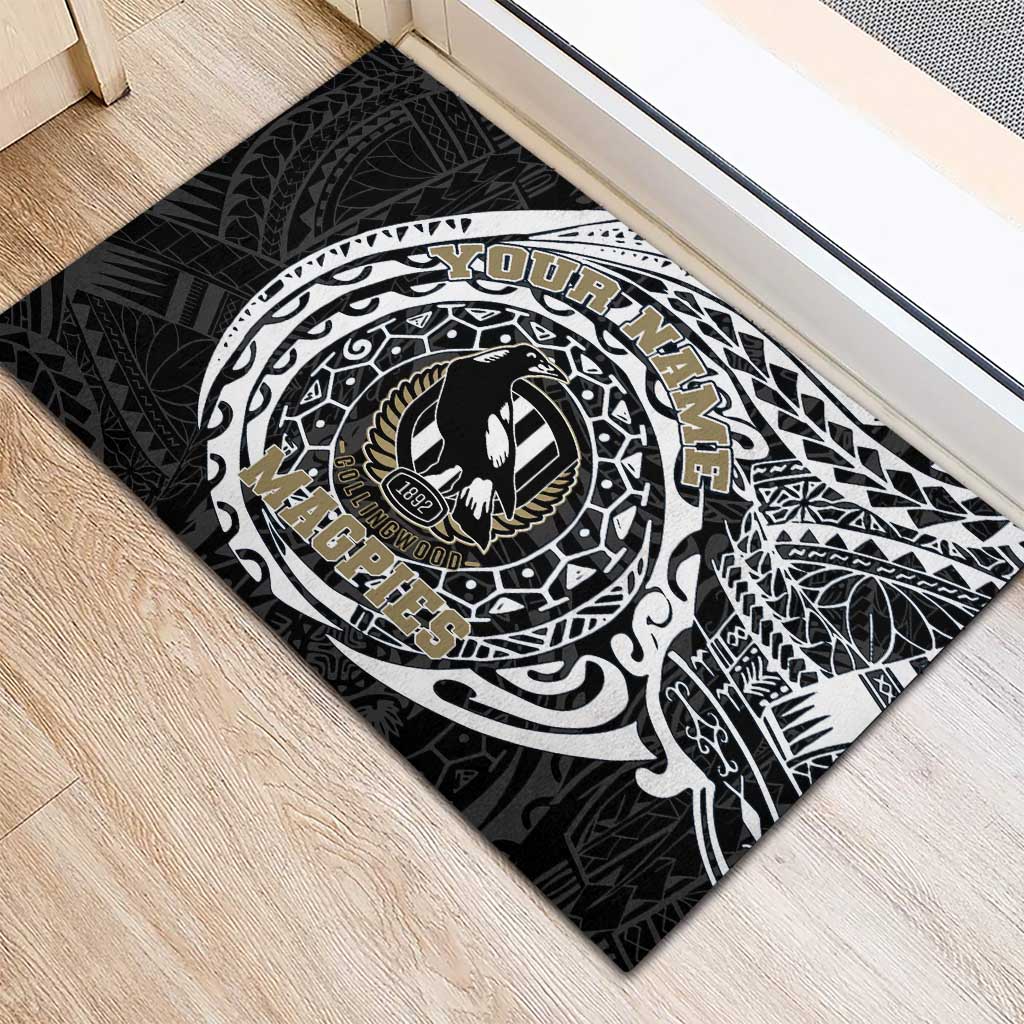 Personalized Collingwood Magpies Polynesian Rubber Doormat Tribal Chest and Sleeve Tattoo Heritage Warrior