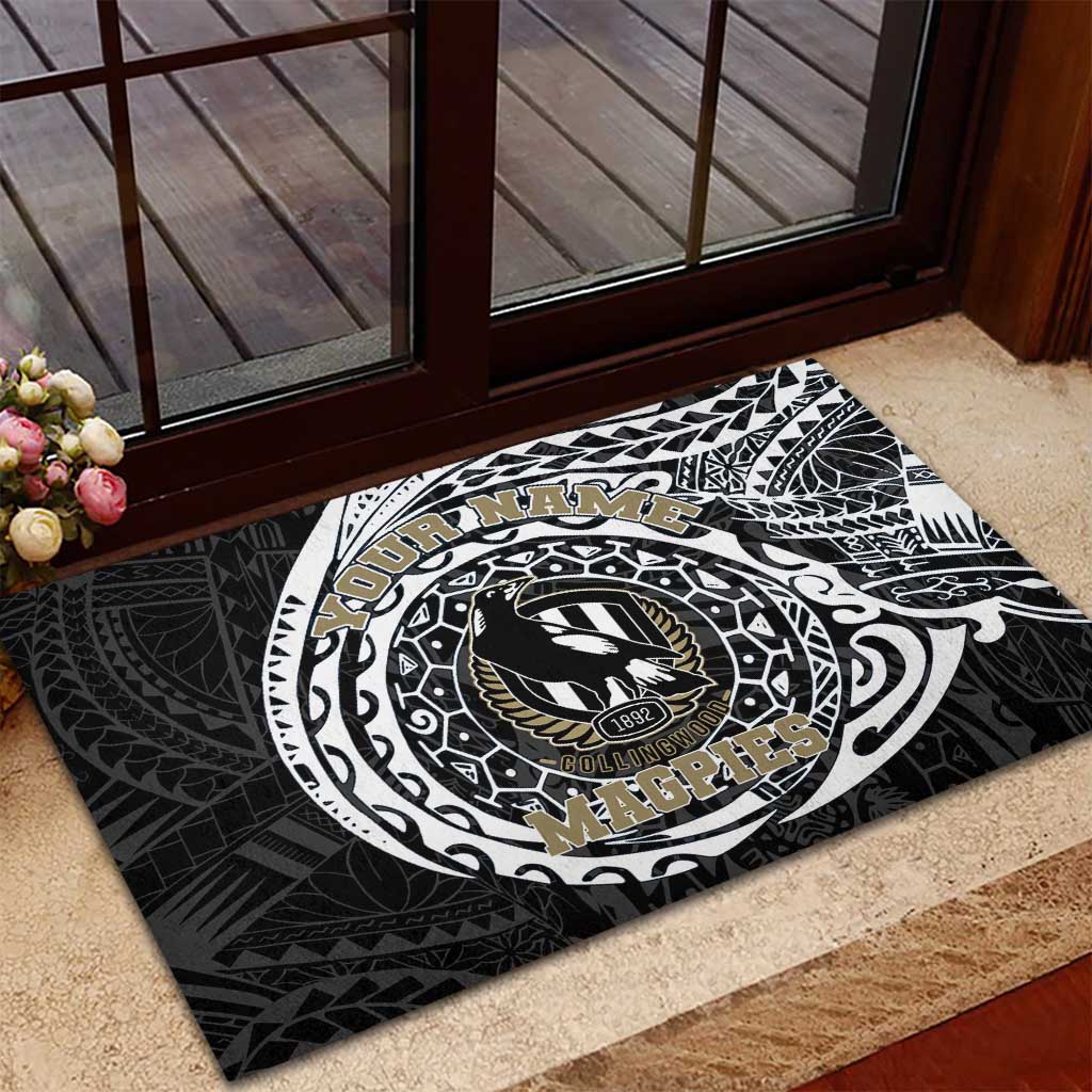 Personalized Collingwood Magpies Polynesian Rubber Doormat Tribal Chest and Sleeve Tattoo Heritage Warrior