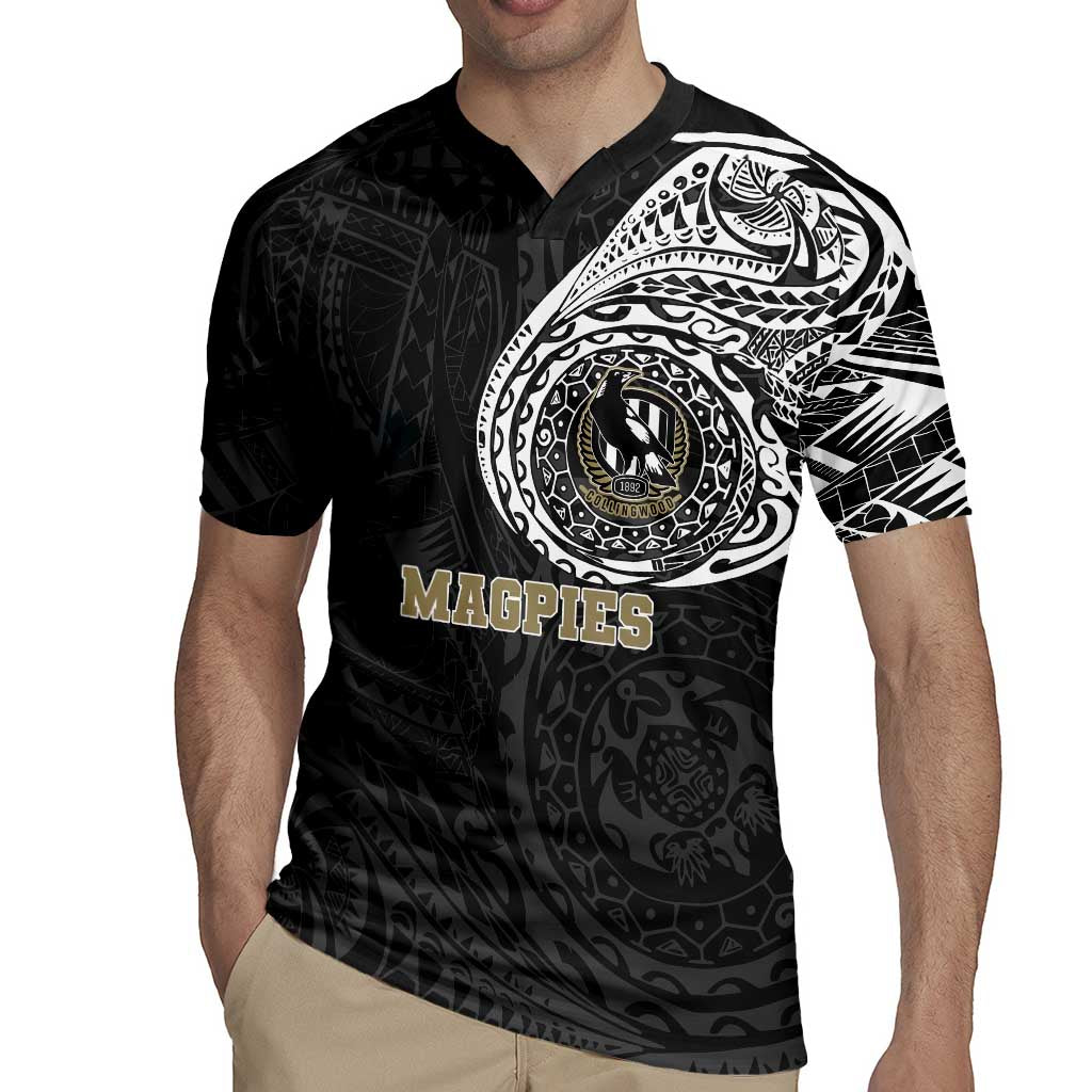 Personalized Collingwood Magpies Polynesian Rugby Jersey Tribal Chest and Sleeve Tattoo Heritage Warrior