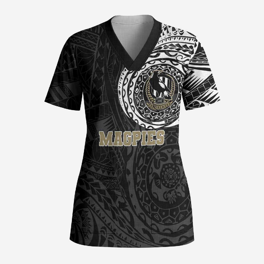 Personalized Collingwood Magpies Polynesian Scrub Top Tribal Chest and Sleeve Tattoo Heritage Warrior