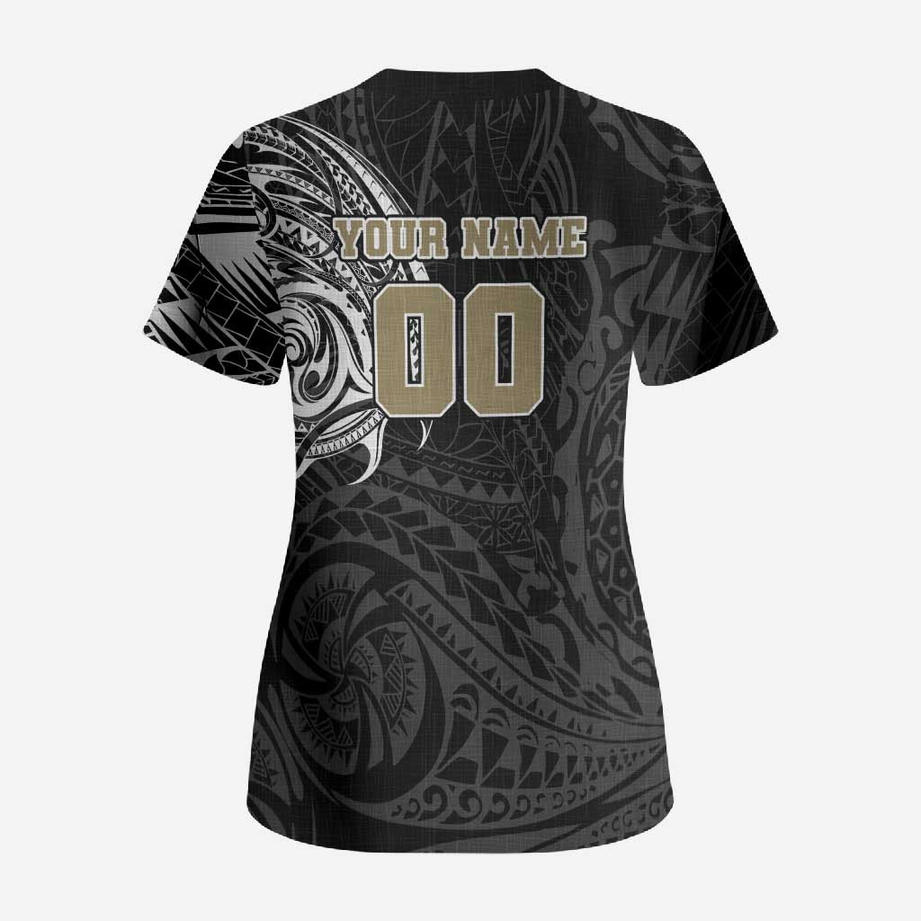 Personalized Collingwood Magpies Polynesian Scrub Top Tribal Chest and Sleeve Tattoo Heritage Warrior