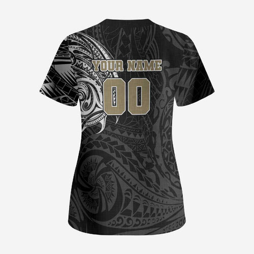 Personalized Collingwood Magpies Polynesian Scrub Top Tribal Chest and Sleeve Tattoo Heritage Warrior