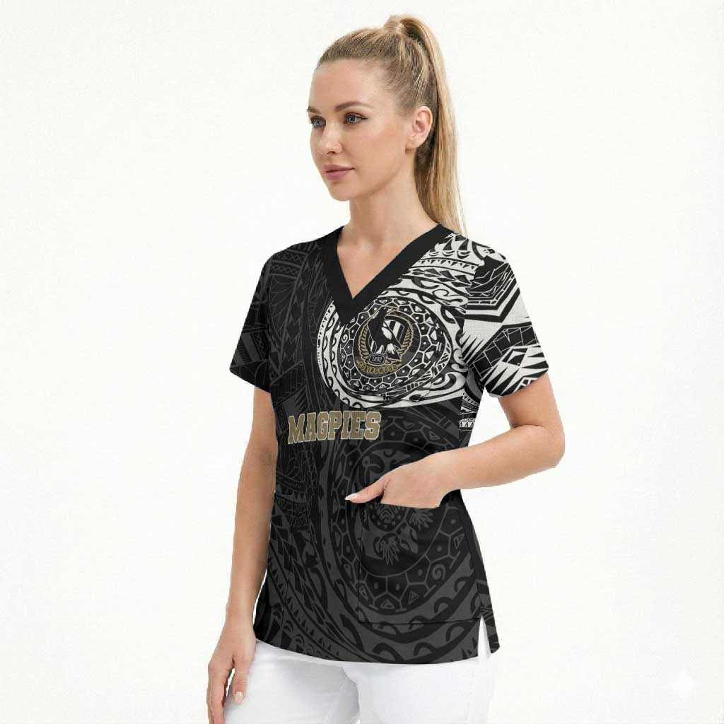 Personalized Collingwood Magpies Polynesian Scrub Top Tribal Chest and Sleeve Tattoo Heritage Warrior