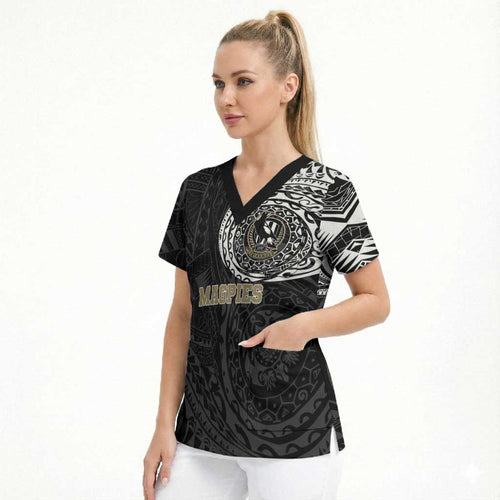 Personalized Collingwood Magpies Polynesian Scrub Top Tribal Chest and Sleeve Tattoo Heritage Warrior