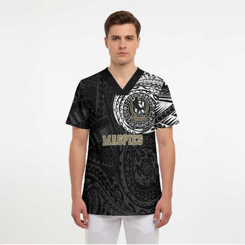 Personalized Collingwood Magpies Polynesian Scrub Top Tribal Chest and Sleeve Tattoo Heritage Warrior
