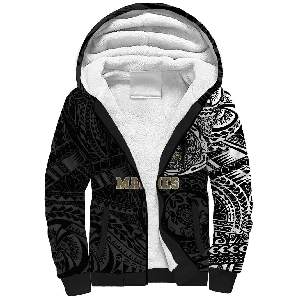 Personalized Collingwood Magpies Polynesian Sherpa Hoodie Tribal Chest and Sleeve Tattoo Heritage Warrior