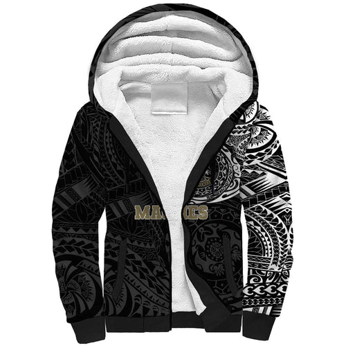 Personalized Collingwood Magpies Polynesian Sherpa Hoodie Tribal Chest and Sleeve Tattoo Heritage Warrior