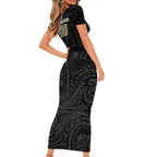Personalized Collingwood Magpies Polynesian Short Sleeve Bodycon Dress Tribal Chest and Sleeve Tattoo Heritage Warrior