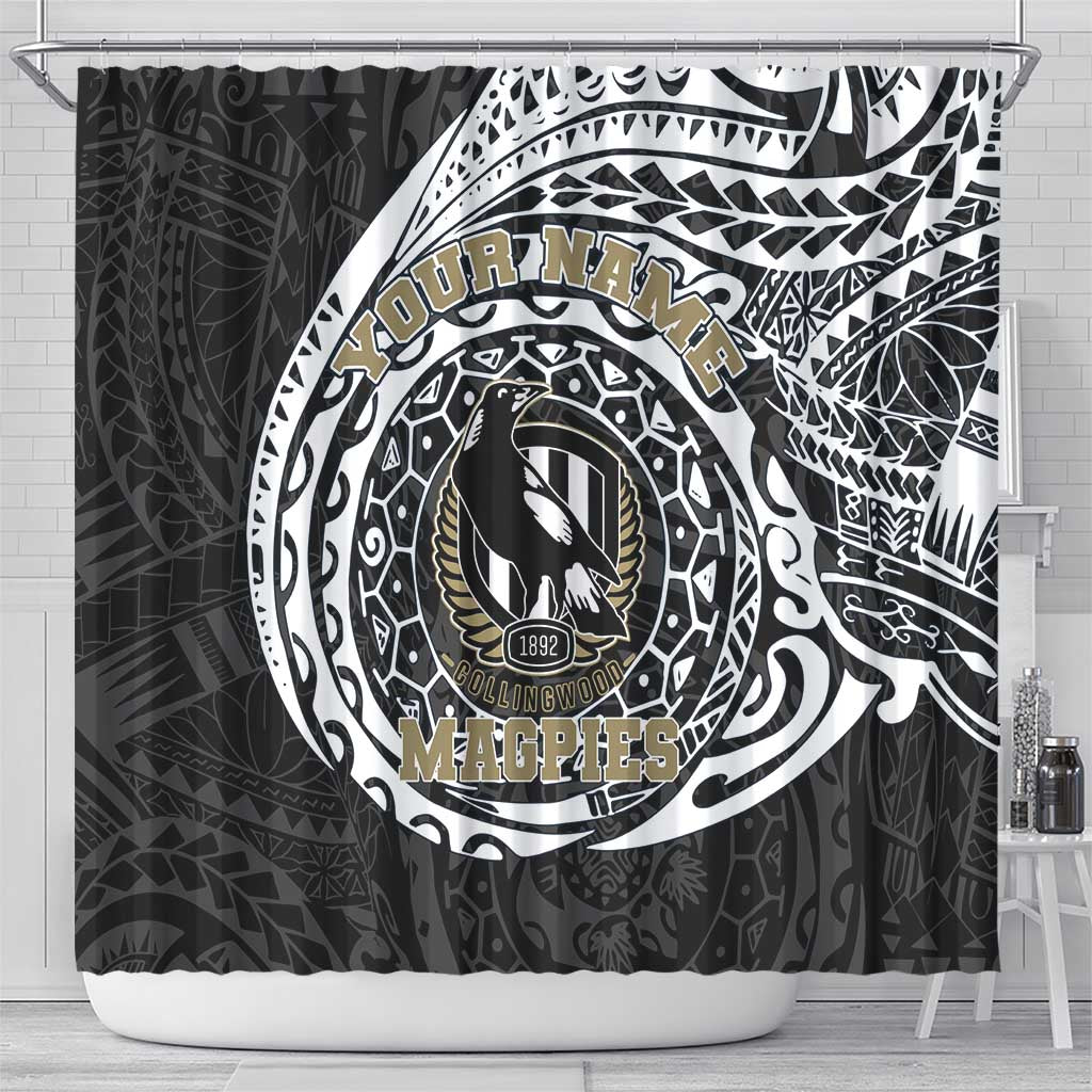 Personalized Collingwood Magpies Polynesian Shower Curtain Tribal Chest and Sleeve Tattoo Heritage Warrior