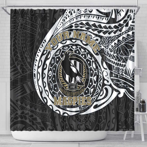 Personalized Collingwood Magpies Polynesian Shower Curtain Tribal Chest and Sleeve Tattoo Heritage Warrior