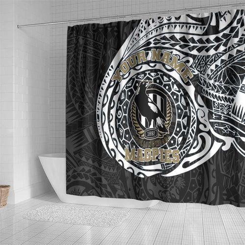 Personalized Collingwood Magpies Polynesian Shower Curtain Tribal Chest and Sleeve Tattoo Heritage Warrior
