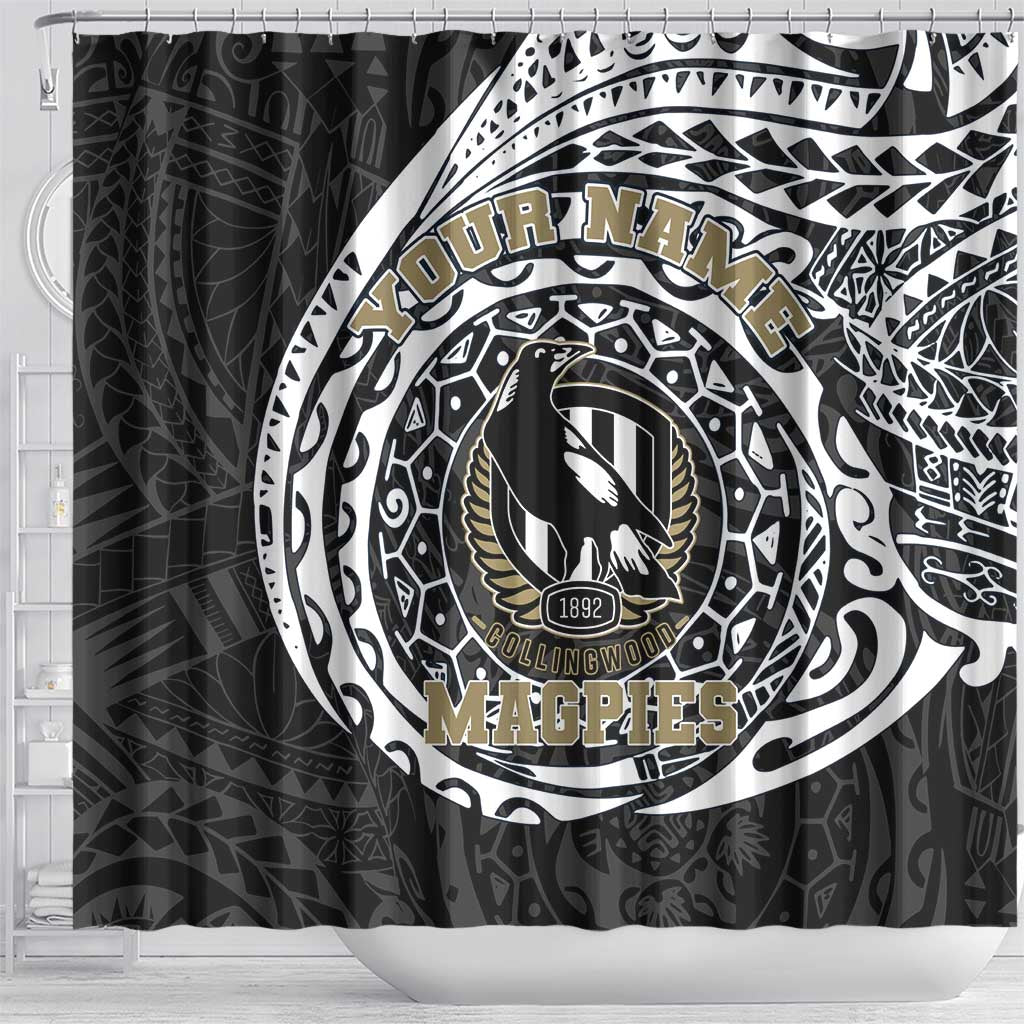 Personalized Collingwood Magpies Polynesian Shower Curtain Tribal Chest and Sleeve Tattoo Heritage Warrior