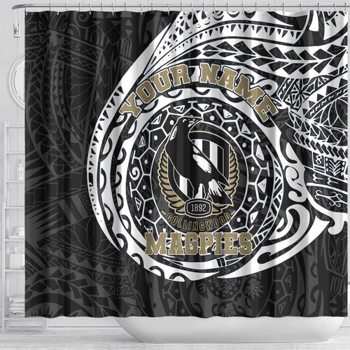 Personalized Collingwood Magpies Polynesian Shower Curtain Tribal Chest and Sleeve Tattoo Heritage Warrior