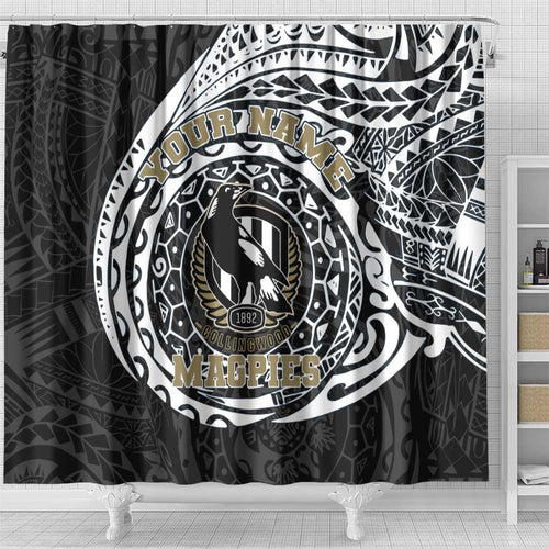Personalized Collingwood Magpies Polynesian Shower Curtain Tribal Chest and Sleeve Tattoo Heritage Warrior