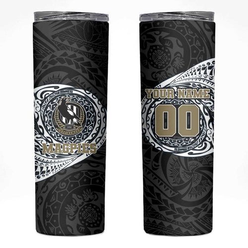 Personalized Collingwood Magpies Polynesian Skinny Tumbler Tribal Chest and Sleeve Tattoo Heritage Warrior