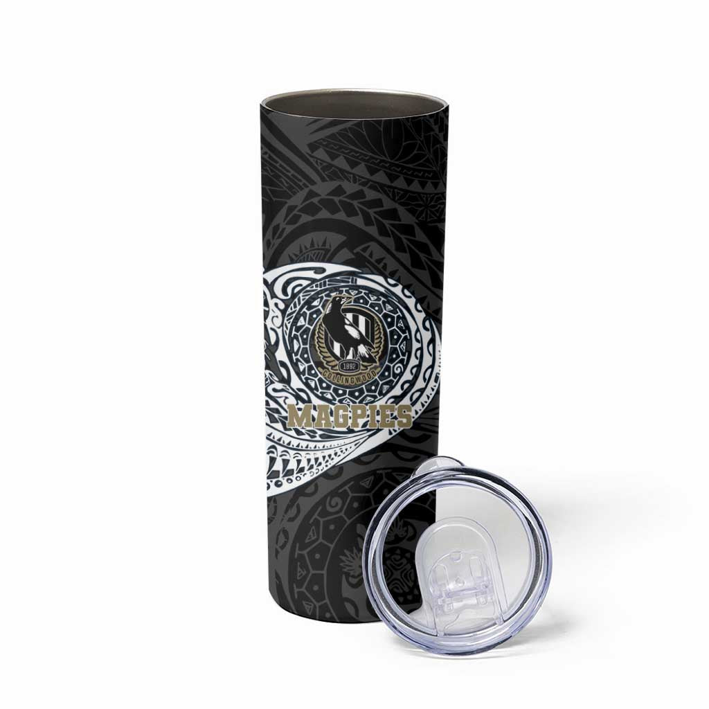 Personalized Collingwood Magpies Polynesian Skinny Tumbler Tribal Chest and Sleeve Tattoo Heritage Warrior