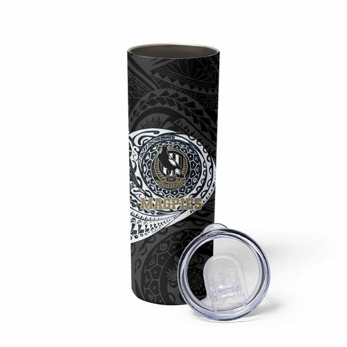 Personalized Collingwood Magpies Polynesian Skinny Tumbler Tribal Chest and Sleeve Tattoo Heritage Warrior