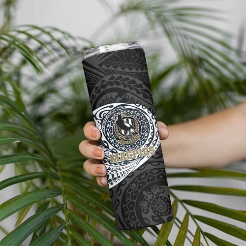 Personalized Collingwood Magpies Polynesian Skinny Tumbler Tribal Chest and Sleeve Tattoo Heritage Warrior