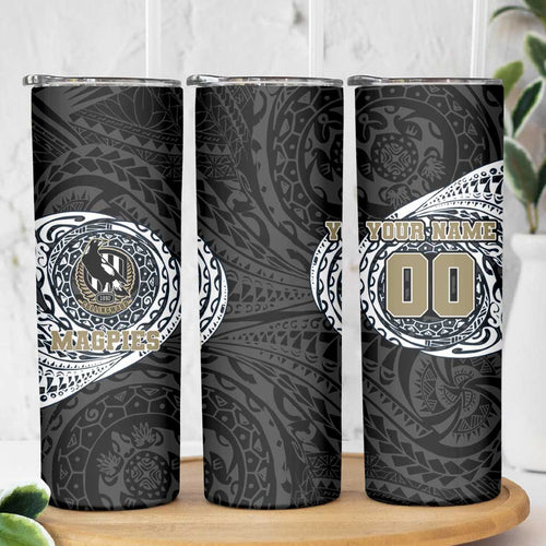 Personalized Collingwood Magpies Polynesian Skinny Tumbler Tribal Chest and Sleeve Tattoo Heritage Warrior