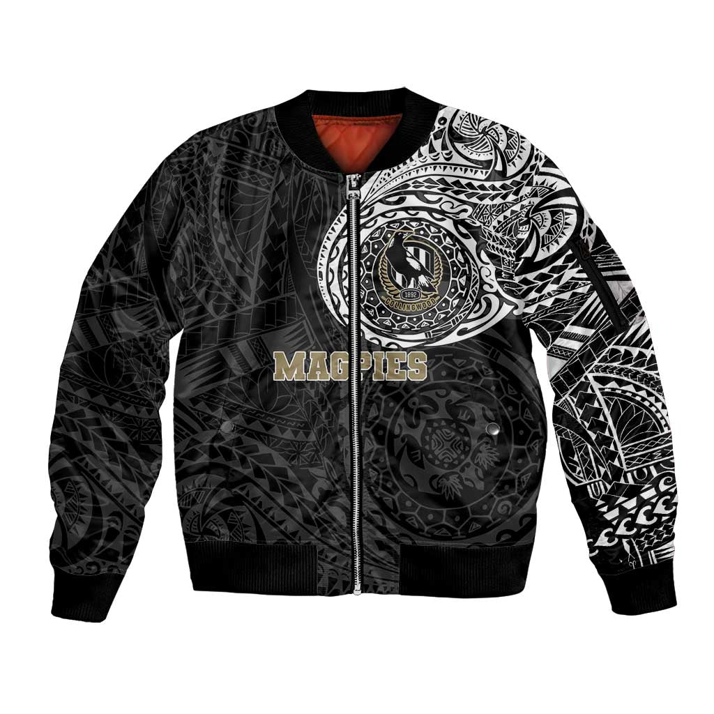 Personalized Collingwood Magpies Polynesian Sleeve Zip Bomber Jacket Tribal Chest and Sleeve Tattoo Heritage Warrior