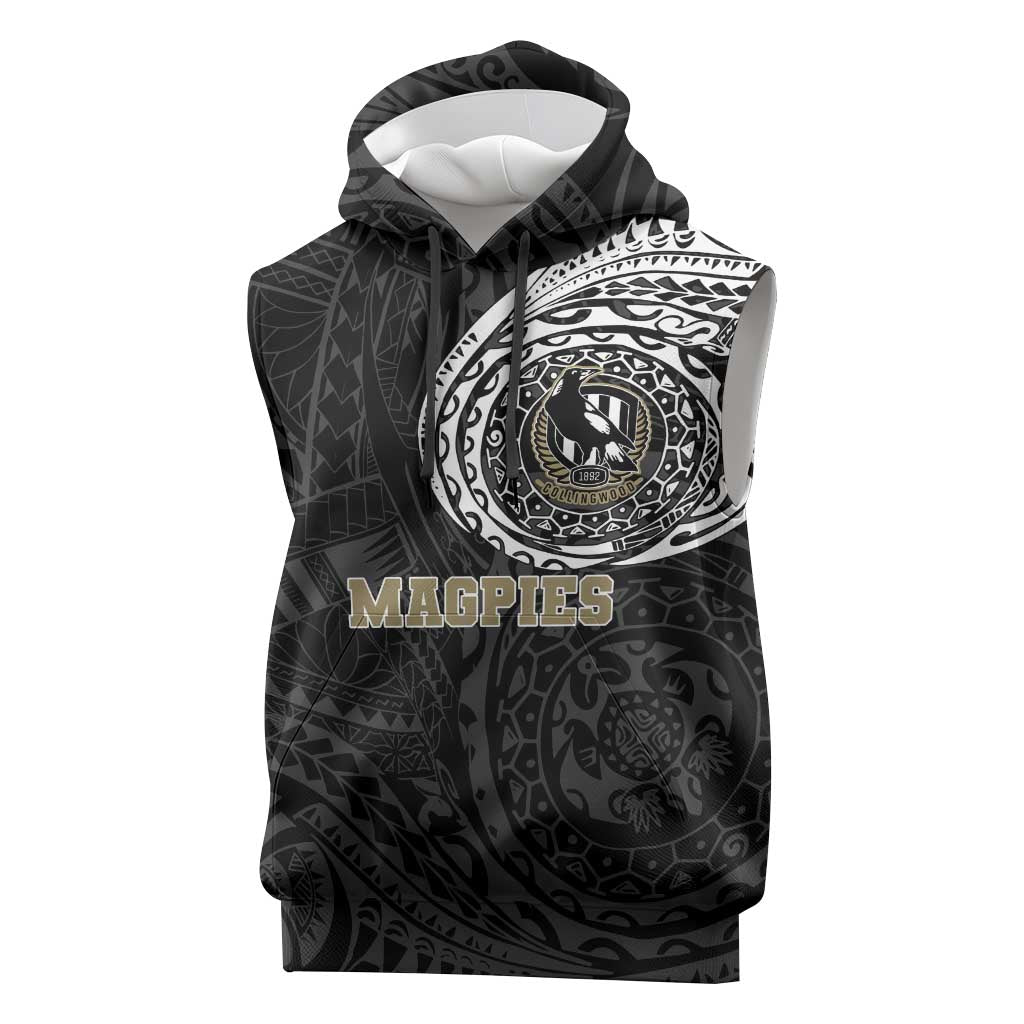 Personalized Collingwood Magpies Polynesian Sleeveless Hoodie Tribal Chest and Sleeve Tattoo Heritage Warrior