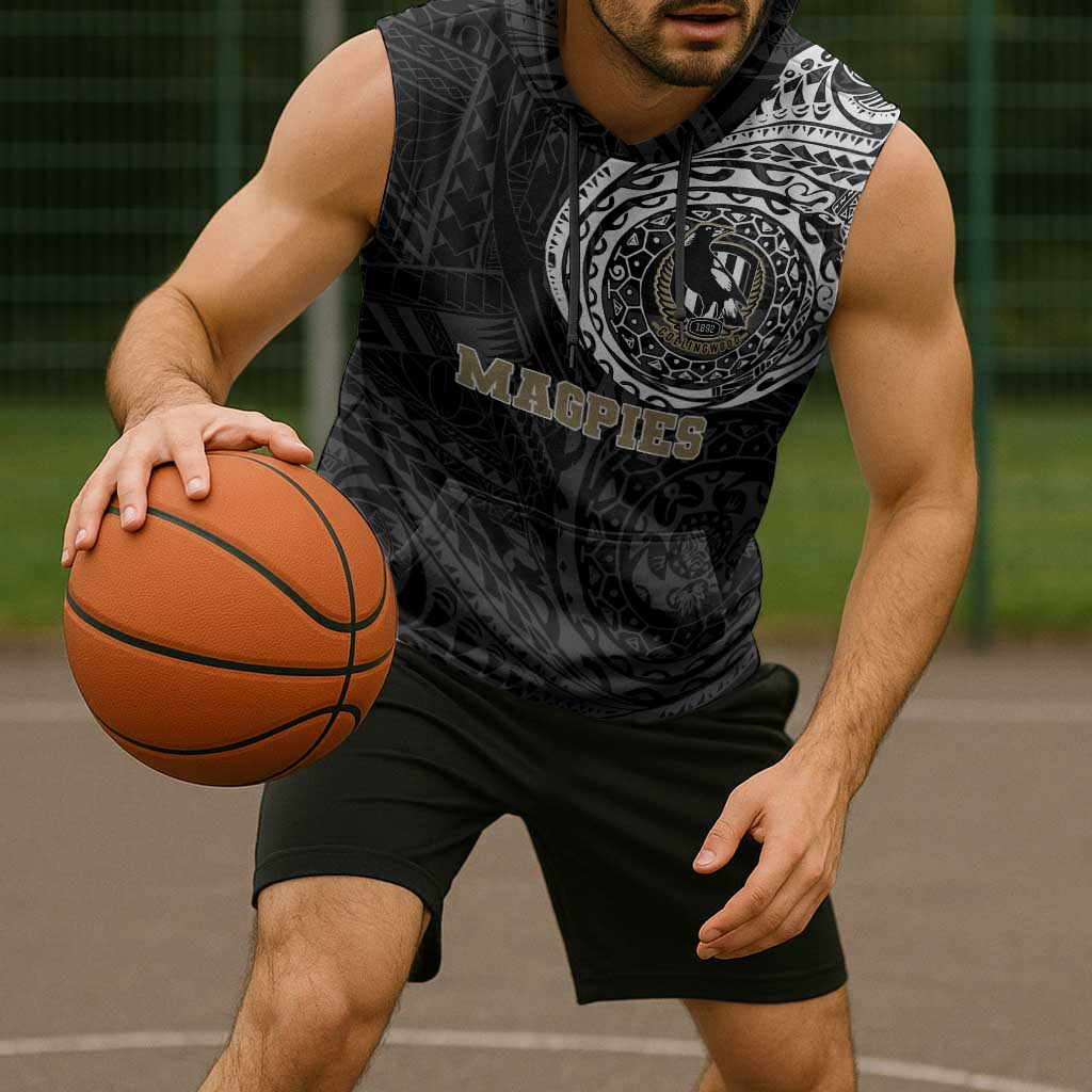 Personalized Collingwood Magpies Polynesian Sleeveless Hoodie Tribal Chest and Sleeve Tattoo Heritage Warrior