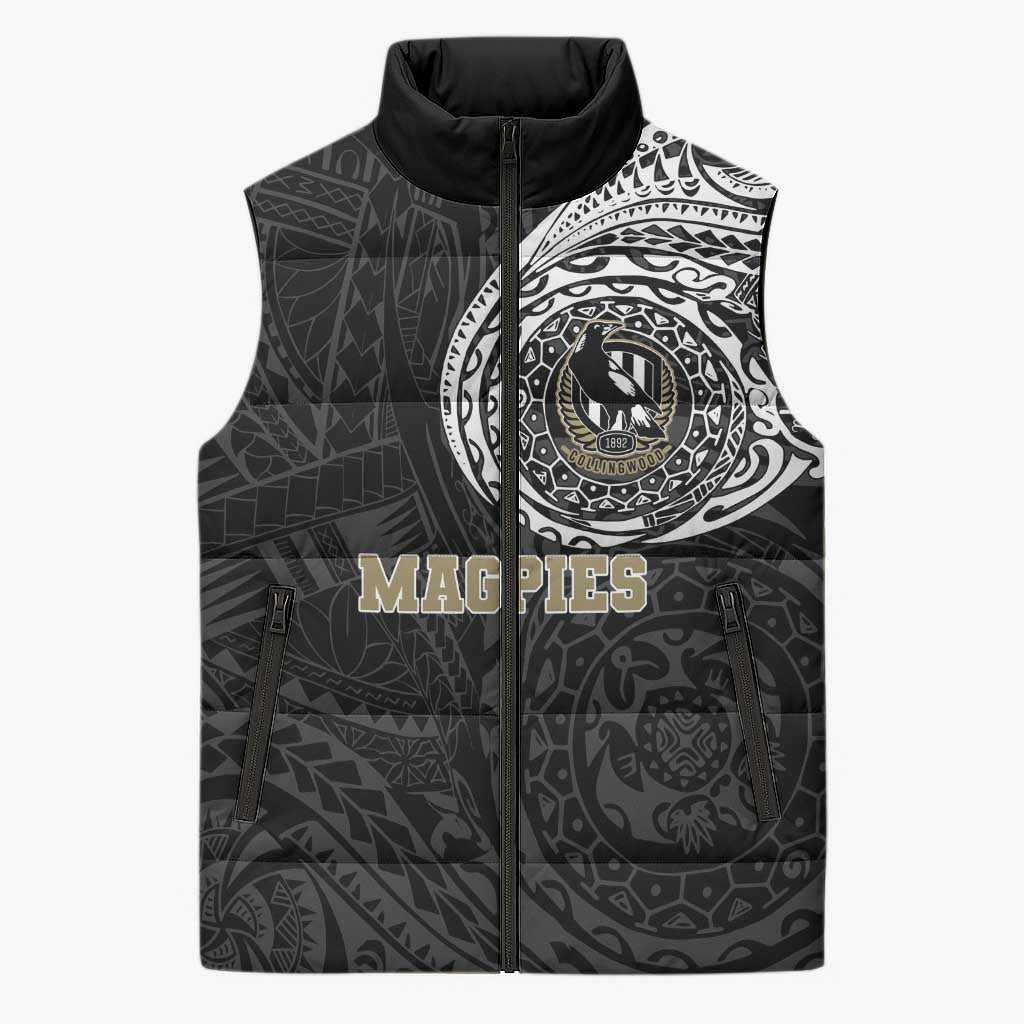 Personalized Collingwood Magpies Polynesian Sleeveless Puffer Jacket Tribal Chest and Sleeve Tattoo Heritage Warrior