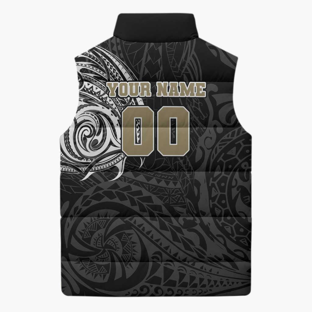Personalized Collingwood Magpies Polynesian Sleeveless Puffer Jacket Tribal Chest and Sleeve Tattoo Heritage Warrior