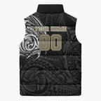 Personalized Collingwood Magpies Polynesian Sleeveless Puffer Jacket Tribal Chest and Sleeve Tattoo Heritage Warrior