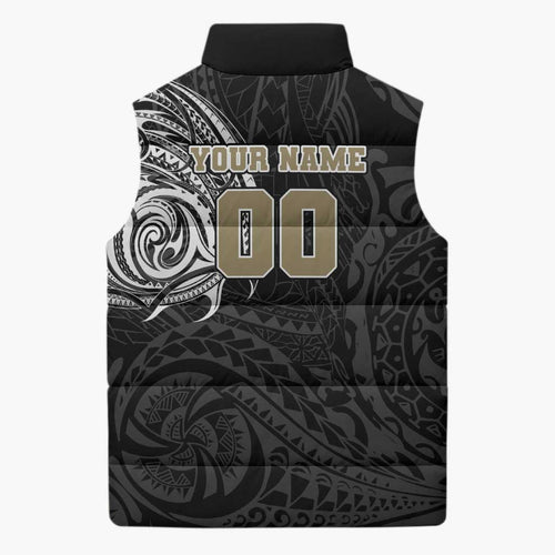 Personalized Collingwood Magpies Polynesian Sleeveless Puffer Jacket Tribal Chest and Sleeve Tattoo Heritage Warrior