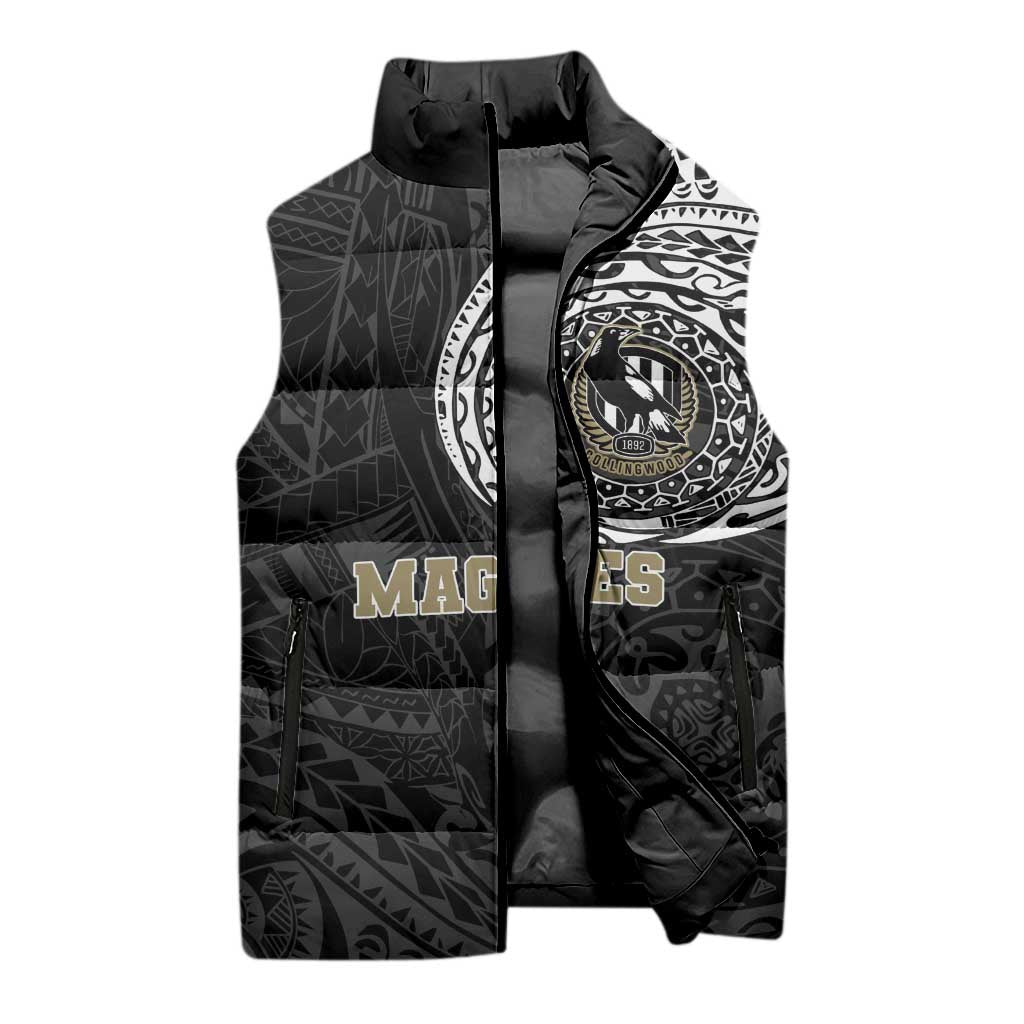 Personalized Collingwood Magpies Polynesian Sleeveless Puffer Jacket Tribal Chest and Sleeve Tattoo Heritage Warrior