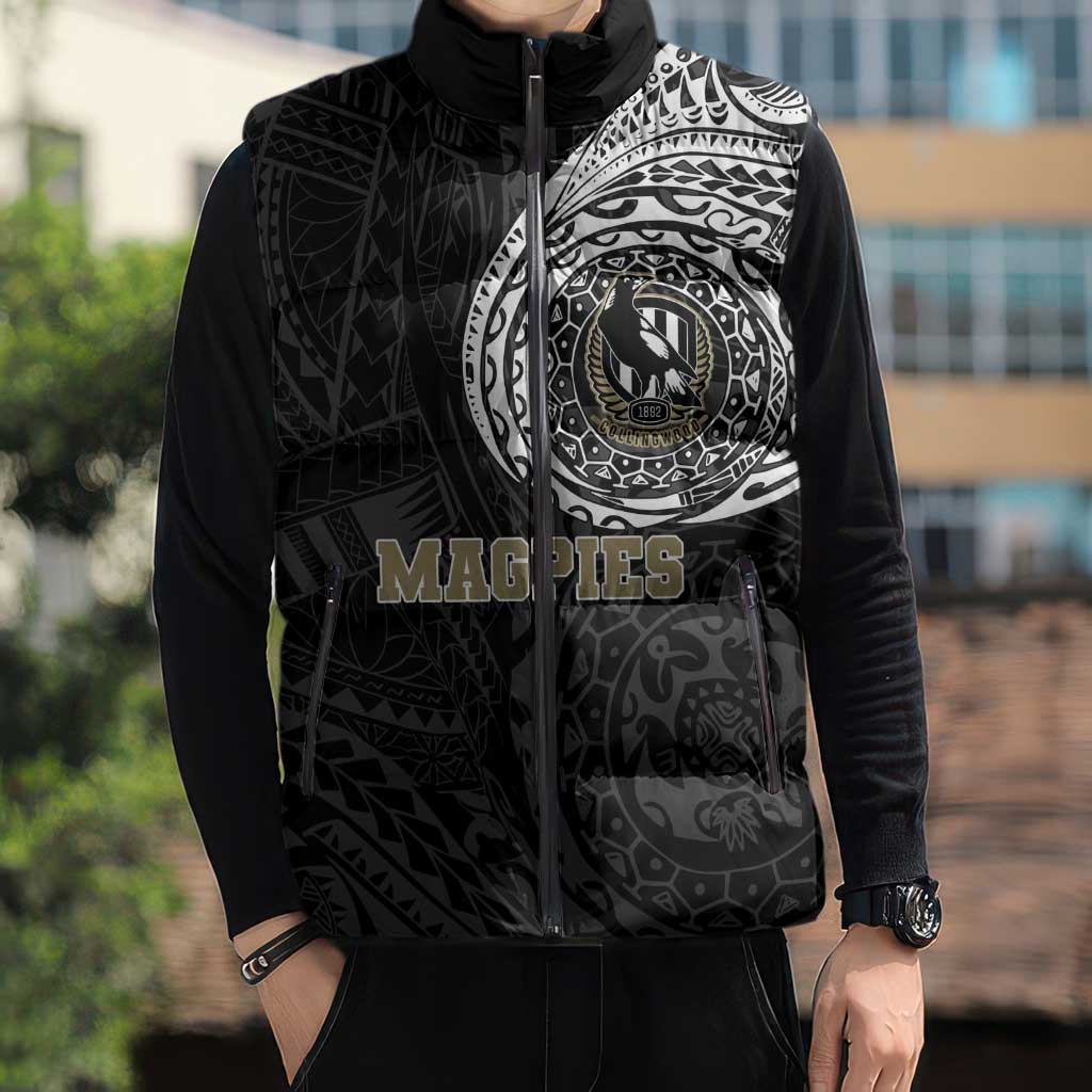 Personalized Collingwood Magpies Polynesian Sleeveless Puffer Jacket Tribal Chest and Sleeve Tattoo Heritage Warrior