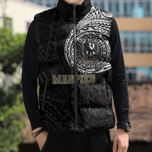 Personalized Collingwood Magpies Polynesian Sleeveless Puffer Jacket Tribal Chest and Sleeve Tattoo Heritage Warrior