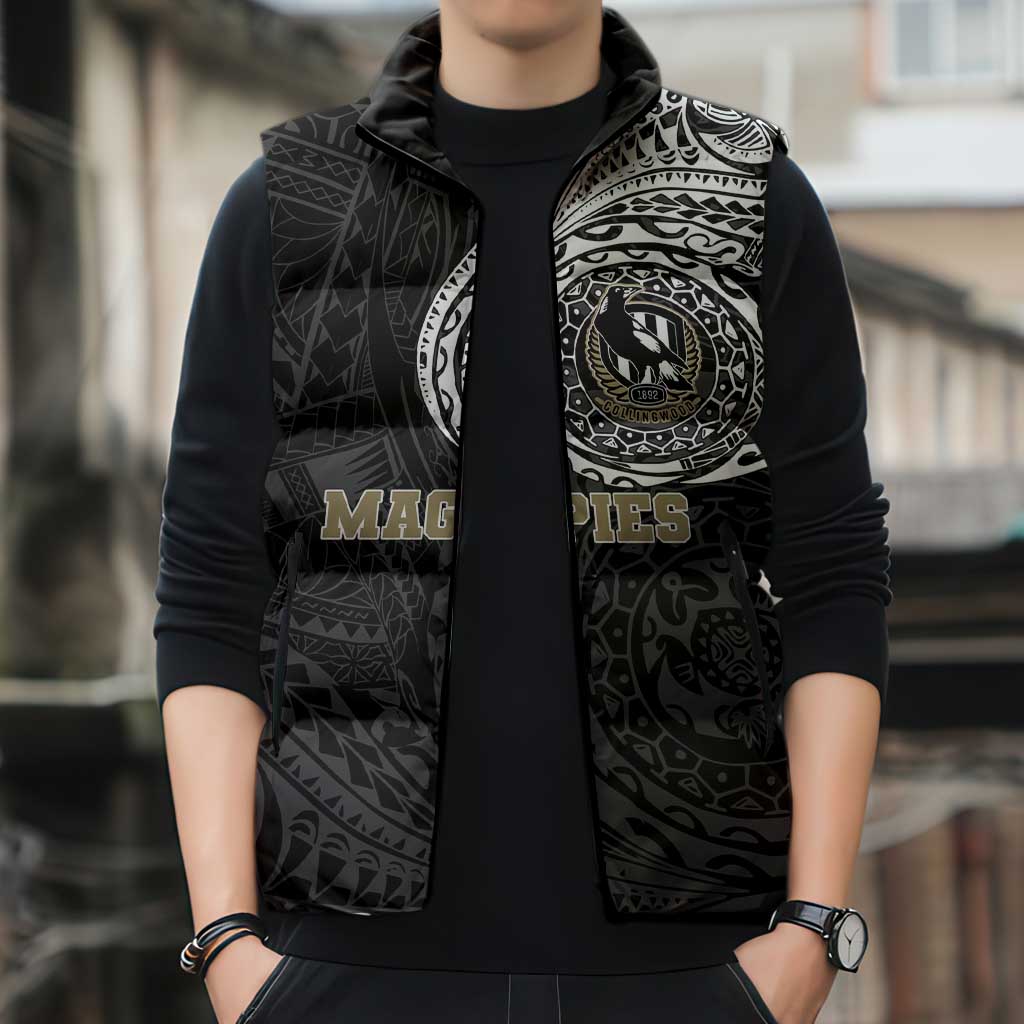 Personalized Collingwood Magpies Polynesian Sleeveless Puffer Jacket Tribal Chest and Sleeve Tattoo Heritage Warrior