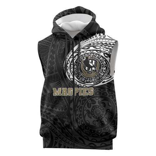 Personalized Collingwood Magpies Polynesian Sleeveless Zip Hoodie Tribal Chest and Sleeve Tattoo Heritage Warrior