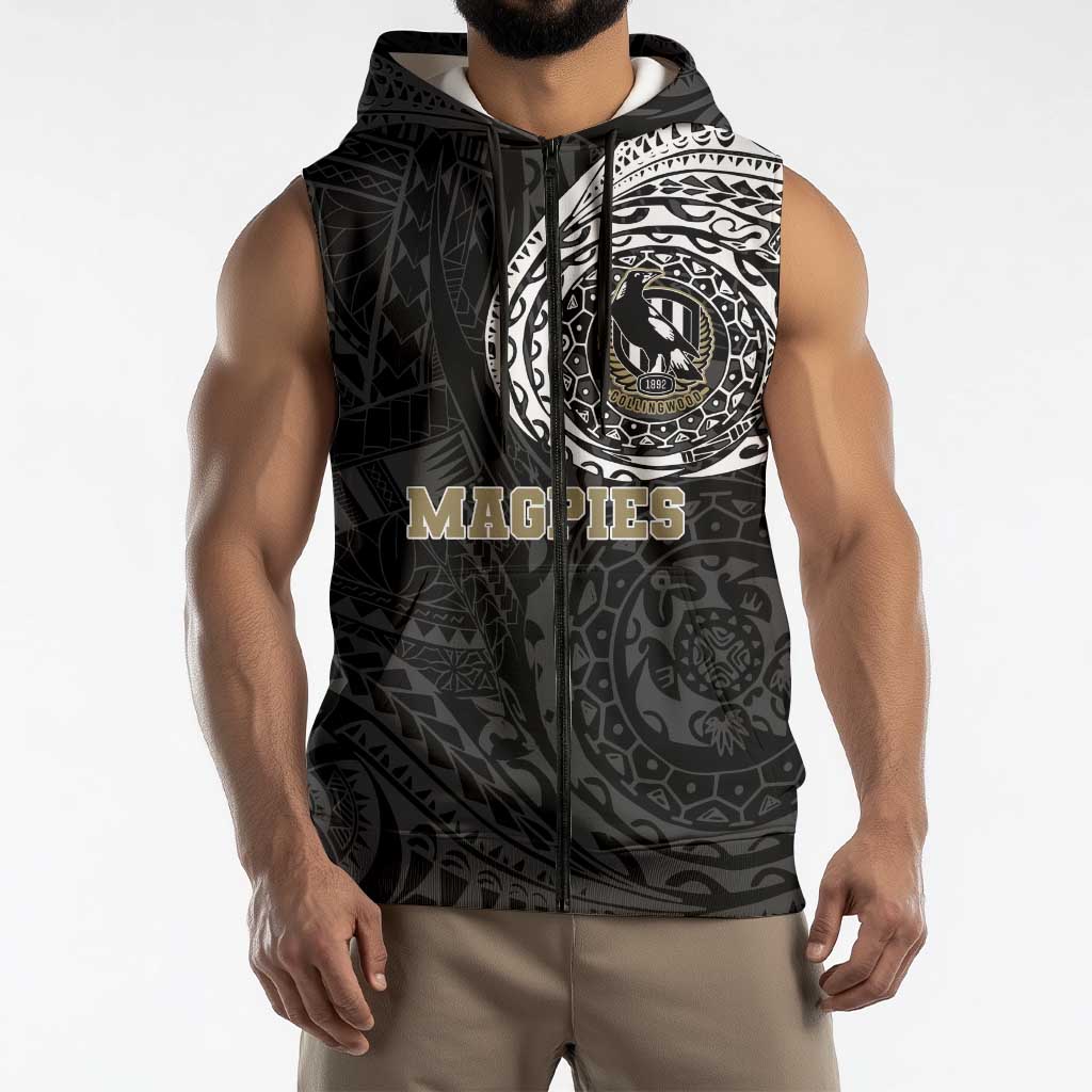 Personalized Collingwood Magpies Polynesian Sleeveless Zip Hoodie Tribal Chest and Sleeve Tattoo Heritage Warrior