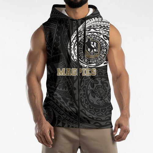 Personalized Collingwood Magpies Polynesian Sleeveless Zip Hoodie Tribal Chest and Sleeve Tattoo Heritage Warrior