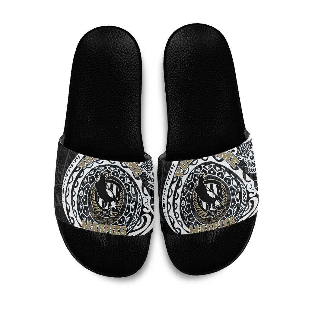 Personalized Collingwood Magpies Polynesian Slide Sandals Tribal Chest and Sleeve Tattoo Heritage Warrior