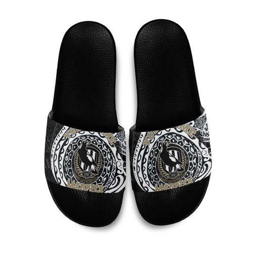 Personalized Collingwood Magpies Polynesian Slide Sandals Tribal Chest and Sleeve Tattoo Heritage Warrior